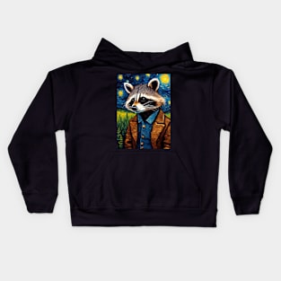 Adorable Raccoon Animal Portrait Painting in a Van Gogh Starry Night Art Style Kids Hoodie